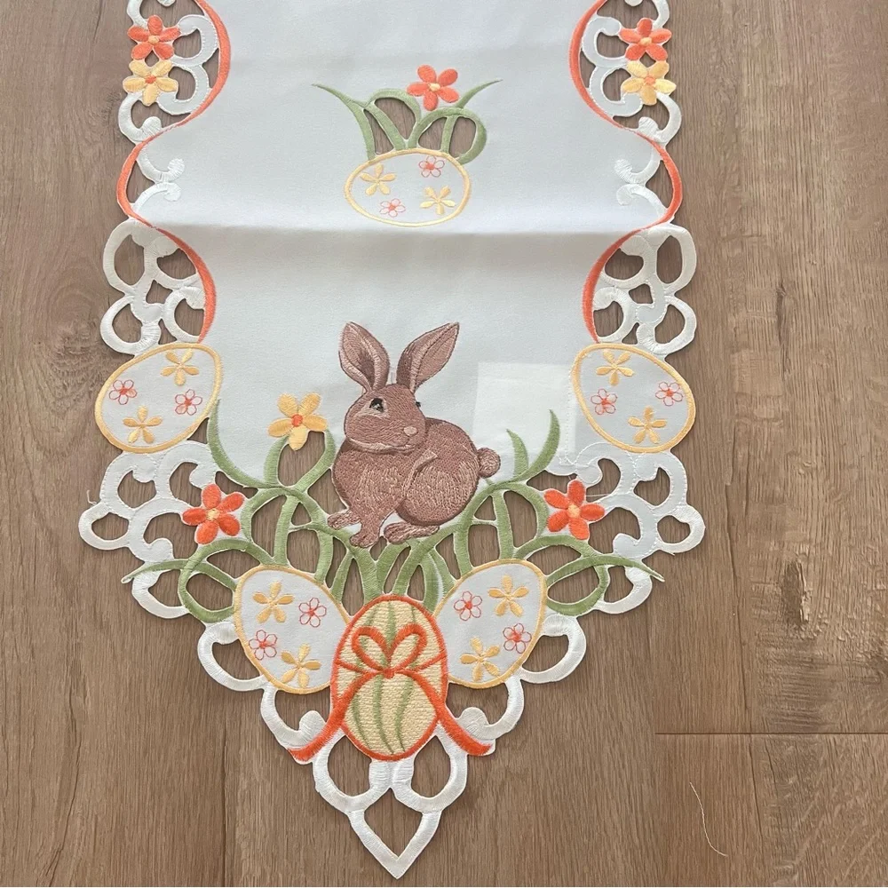 NEW Table Runner, Embroidered Easter Rabbit Eggs 67” X‎ 12.25”